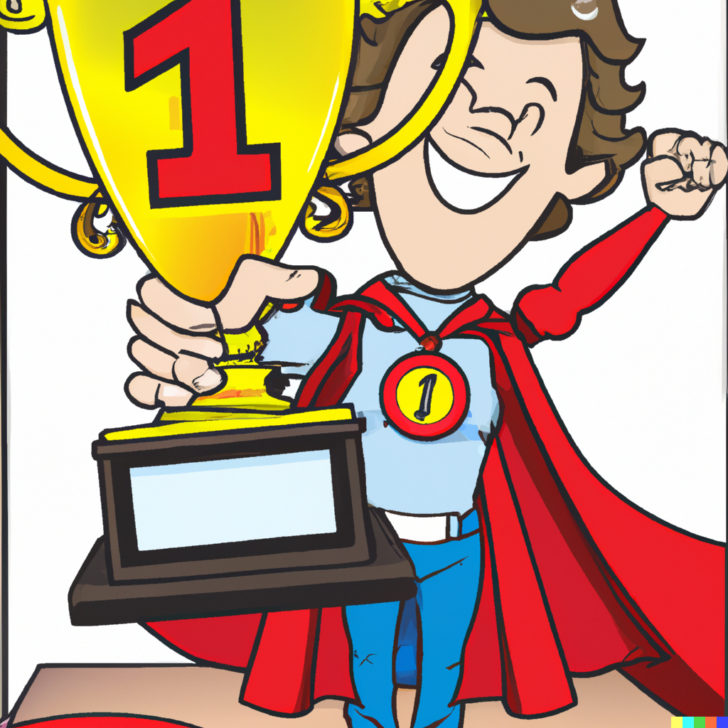 DALL·E 2022-12-30 16.49.20 - Show a comic book sales person wearing a cape and holding a big #1 trophy 